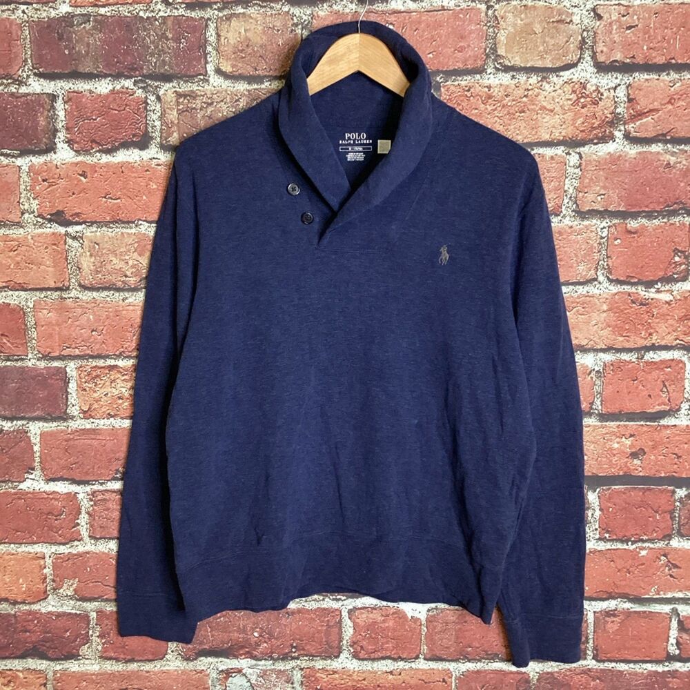 Polo Ralph Lauren Sweater Mens M Medium Navy Luxury Jersey Shawl Collar Pullover
